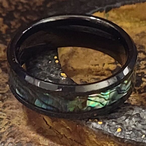 Men's Real Black Tungsten Wedding Ring With Abalone Shell Inlay - Picture 4 of 11